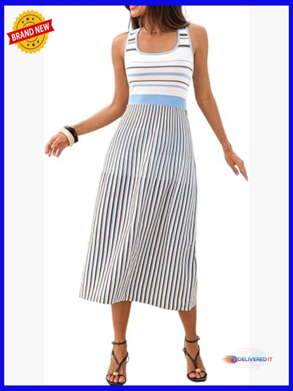 Backless Square Neck Midi Dress, Rayon, High Waist, Wide Strap, A-Line